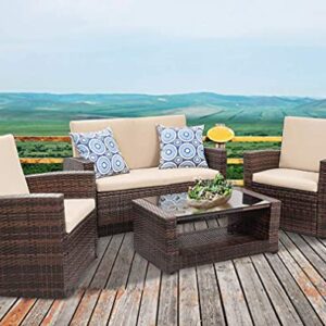 FDW Patio Furniture Sets 4 Piece Rattan Chair Patio Sofas Wicker Sectional Sofa Outdoor Conversation (Brown and Tan)