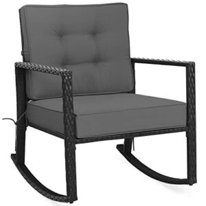 tangkula wicker rocking chair, outdoor glider rattan rocker chair with heavy-duty steel frame, patio wicker furniture seat with 5” thick cushion for garden, porch, backyard, poolside (1, gray)