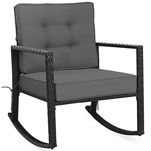 Tangkula Wicker Rocking Chair, Outdoor Glider Rattan Rocker Chair with Heavy-Duty Steel Frame, Patio Wicker Furniture Seat with 5” Thick Cushion for Garden, Porch, Backyard, Poolside (1, Gray)