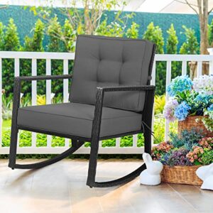 Tangkula Wicker Rocking Chair, Outdoor Glider Rattan Rocker Chair with Heavy-Duty Steel Frame, Patio Wicker Furniture Seat with 5” Thick Cushion for Garden, Porch, Backyard, Poolside (1, Gray)