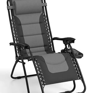 MFSTUDIO Zero Gravity Chairs, Patio Recliner Chair, Padded Folding Lawn Chair with Cup Holder Tray,Grey