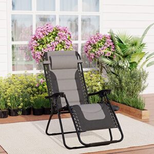 MFSTUDIO Zero Gravity Chairs, Patio Recliner Chair, Padded Folding Lawn Chair with Cup Holder Tray,Grey