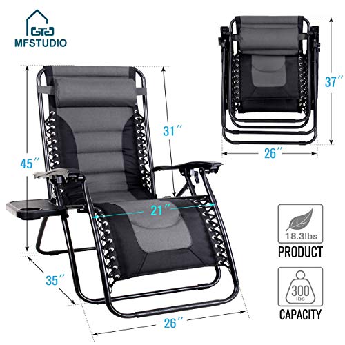 MFSTUDIO Zero Gravity Chairs, Patio Recliner Chair, Padded Folding Lawn Chair with Cup Holder Tray,Grey