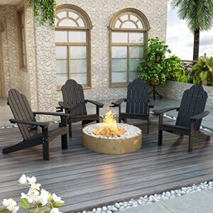 lue bona adirondack chairs set of 4, black poly adirondack chairs with cup holder, 300lbs modern adirondack chair weather resistant, outdoor patio chair for fire pit, patio, law, balcony, backyard