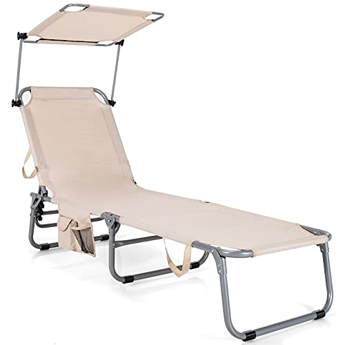 Giantex Outdoor Folding Chaise Lounge, Portable Reclining Chair with 5 Adjustable Positions, 360°Rotatable Canopy Shade, Side Pocket, Patio Lounge Chair for Beach, Lawn Sunbathing Chair (1, Beige)