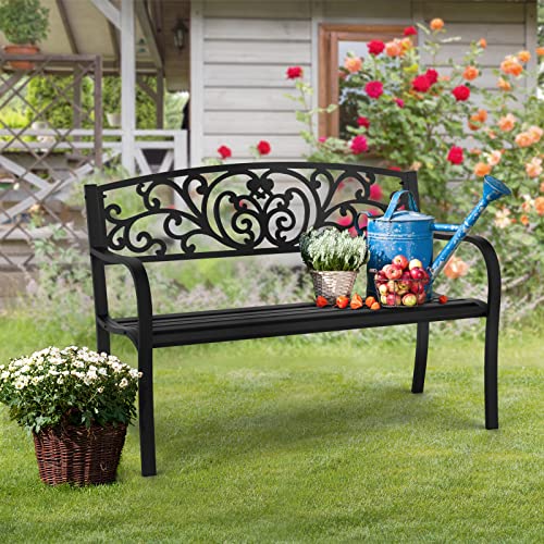 VINGLI 50" Patio Park Garden Bench Outdoor Metal Benches,Cast Iron Steel Frame Chair Front Porch Path Yard Lawn Decor Deck Furniture for 2-3 Person Seat