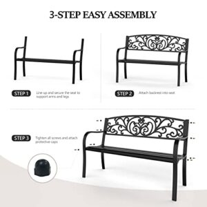 VINGLI 50" Patio Park Garden Bench Outdoor Metal Benches,Cast Iron Steel Frame Chair Front Porch Path Yard Lawn Decor Deck Furniture for 2-3 Person Seat