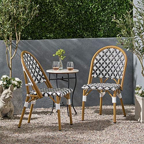 Christopher Knight Home Anastasia Outdoor French Bistro Chair (Set of 2), Black + White + Bamboo Print Finish