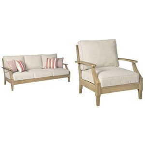 signature design by ashley clare view coastal outdoor patio eucalyptus sofa with cushions, beige & clare view outdoor eucalyptus wood single cushioned lounge chair, beige