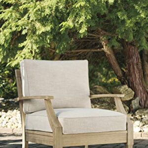 Signature Design by Ashley Clare View Coastal Outdoor Patio Eucalyptus Sofa with Cushions, Beige & Clare View Outdoor Eucalyptus Wood Single Cushioned Lounge Chair, Beige