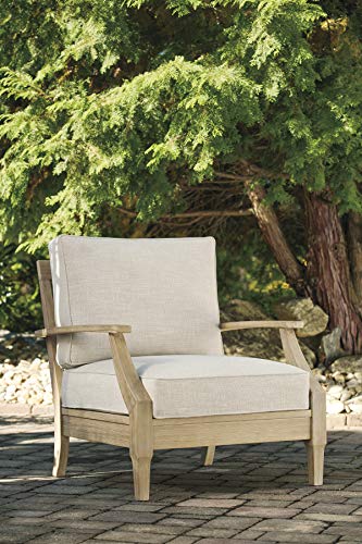 Signature Design by Ashley Clare View Coastal Outdoor Patio Eucalyptus Sofa with Cushions, Beige & Clare View Outdoor Eucalyptus Wood Single Cushioned Lounge Chair, Beige