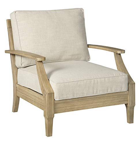 Signature Design by Ashley Clare View Coastal Outdoor Patio Eucalyptus Sofa with Cushions, Beige & Clare View Outdoor Eucalyptus Wood Single Cushioned Lounge Chair, Beige