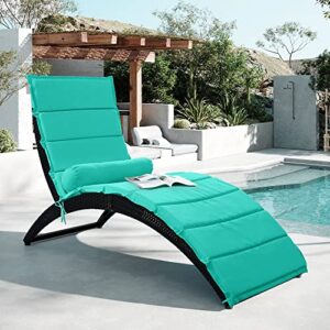 emkk patio adjustable sun lounger modern wicker chair, pe rattan sunbed for pool poolside outdoor foldable chaiselounger with removable cushion and bolster pillow, blue abcd