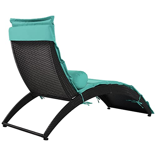 EMKK Patio Adjustable Sun Lounger Modern Wicker Chair, PE Rattan Sunbed for Pool Poolside Outdoor Foldable ChaiseLounger with Removable Cushion and Bolster Pillow, Blue ABCD