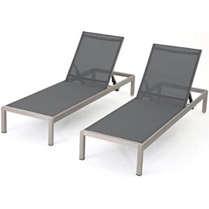 christopher knight home cape coral outdoor mesh chaise lounges, 2-pcs set, dark grey / silver
