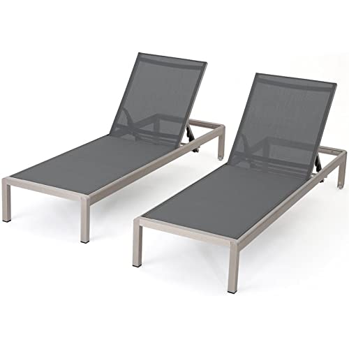 Christopher Knight Home Cape Coral Outdoor Mesh Chaise Lounges, 2-Pcs Set, Dark Grey / Silver