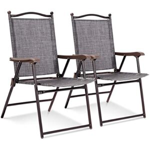 giantex set of 2 patio folding chairs, sling chairs, indoor outdoor lawn chairs, camping garden pool beach yard lounge chairs w/armrest, patio dining chairs, metal frame no assembly, grey