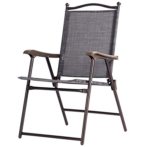 Giantex Set of 2 Patio Folding Chairs, Sling Chairs, Indoor Outdoor Lawn Chairs, Camping Garden Pool Beach Yard Lounge Chairs w/Armrest, Patio Dining Chairs, Metal Frame No Assembly, Grey