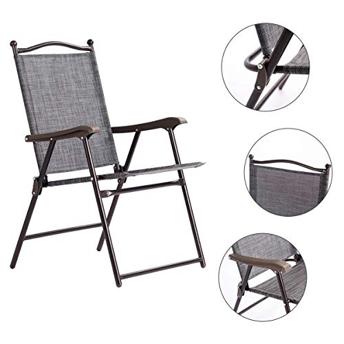 Giantex Set of 2 Patio Folding Chairs, Sling Chairs, Indoor Outdoor Lawn Chairs, Camping Garden Pool Beach Yard Lounge Chairs w/Armrest, Patio Dining Chairs, Metal Frame No Assembly, Grey