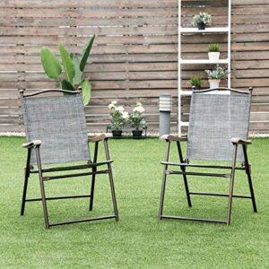 Giantex Set of 2 Patio Folding Chairs, Sling Chairs, Indoor Outdoor Lawn Chairs, Camping Garden Pool Beach Yard Lounge Chairs w/Armrest, Patio Dining Chairs, Metal Frame No Assembly, Grey