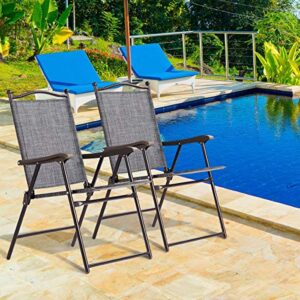 Giantex Set of 2 Patio Folding Chairs, Sling Chairs, Indoor Outdoor Lawn Chairs, Camping Garden Pool Beach Yard Lounge Chairs w/Armrest, Patio Dining Chairs, Metal Frame No Assembly, Grey