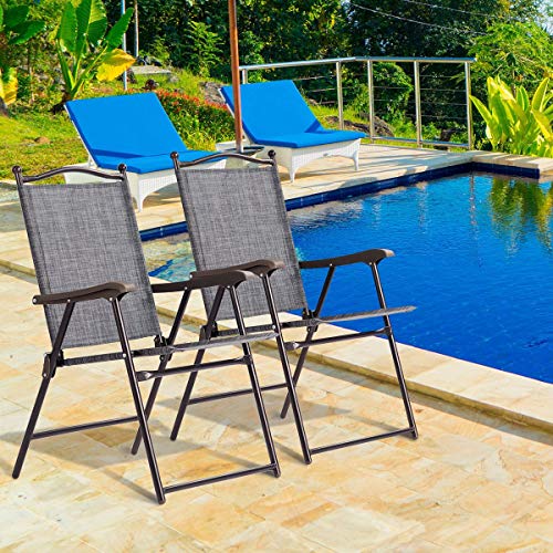 Giantex Set of 2 Patio Folding Chairs, Sling Chairs, Indoor Outdoor Lawn Chairs, Camping Garden Pool Beach Yard Lounge Chairs w/Armrest, Patio Dining Chairs, Metal Frame No Assembly, Grey