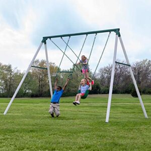 backyard discover big brutus metal swing set, 10 ft tall, 2 belt swings, trapeze bar, heavy duty, thick, powder coated steel, weather resistant, easy to assemble
