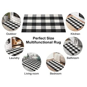 KIMODE Buffalo Plaid Outdoor Rug Runner Doormat 24'' x 51", Black/White Cotton Woven Checkered Farmhouse Porch Outdoor Rugs, Washable Indoor Door Mat for Front Layered Kitchen Bathroom Laundry Room