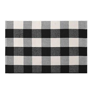 KIMODE Buffalo Plaid Outdoor Rug Runner Doormat 24'' x 51", Black/White Cotton Woven Checkered Farmhouse Porch Outdoor Rugs, Washable Indoor Door Mat for Front Layered Kitchen Bathroom Laundry Room