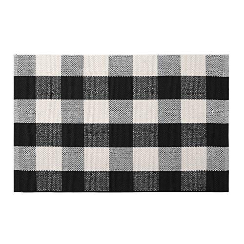 KIMODE Buffalo Plaid Outdoor Rug Runner Doormat 24'' x 51", Black/White Cotton Woven Checkered Farmhouse Porch Outdoor Rugs, Washable Indoor Door Mat for Front Layered Kitchen Bathroom Laundry Room