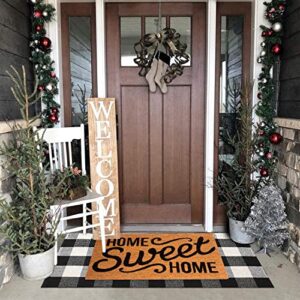 KIMODE Buffalo Plaid Outdoor Rug Runner Doormat 24'' x 51", Black/White Cotton Woven Checkered Farmhouse Porch Outdoor Rugs, Washable Indoor Door Mat for Front Layered Kitchen Bathroom Laundry Room