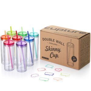 cupture skinny acrylic tumbler cups with straws - 18 oz, 8 pack (assorted colors)