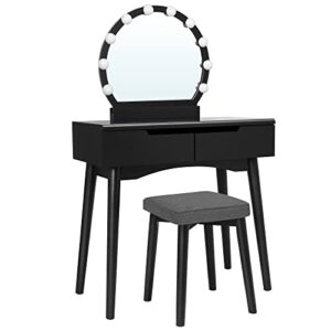 vasagle vanity, makeup vanity desk with lights, rounded mirror, 2 drawers, vanity set with upholstered stool, for bathroom, bedroom, girls vanity for gift, black urdt11bl