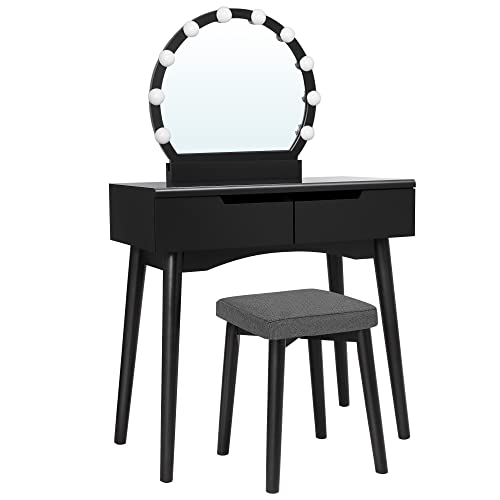 VASAGLE Vanity, Makeup Vanity Desk with Lights, Rounded Mirror, 2 Drawers, Vanity Set with Upholstered Stool, for Bathroom, Bedroom, Girls Vanity for Gift, Black URDT11BL