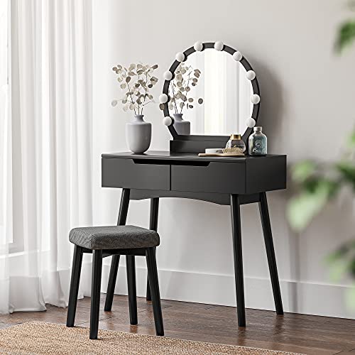 VASAGLE Vanity, Makeup Vanity Desk with Lights, Rounded Mirror, 2 Drawers, Vanity Set with Upholstered Stool, for Bathroom, Bedroom, Girls Vanity for Gift, Black URDT11BL