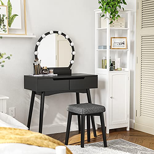 VASAGLE Vanity, Makeup Vanity Desk with Lights, Rounded Mirror, 2 Drawers, Vanity Set with Upholstered Stool, for Bathroom, Bedroom, Girls Vanity for Gift, Black URDT11BL