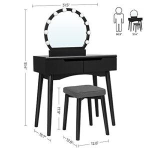 VASAGLE Vanity, Makeup Vanity Desk with Lights, Rounded Mirror, 2 Drawers, Vanity Set with Upholstered Stool, for Bathroom, Bedroom, Girls Vanity for Gift, Black URDT11BL