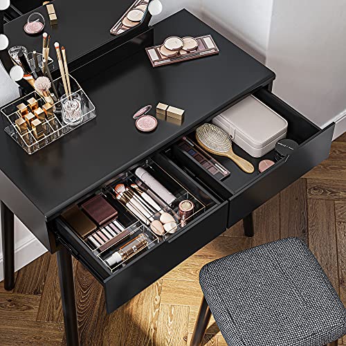 VASAGLE Vanity, Makeup Vanity Desk with Lights, Rounded Mirror, 2 Drawers, Vanity Set with Upholstered Stool, for Bathroom, Bedroom, Girls Vanity for Gift, Black URDT11BL