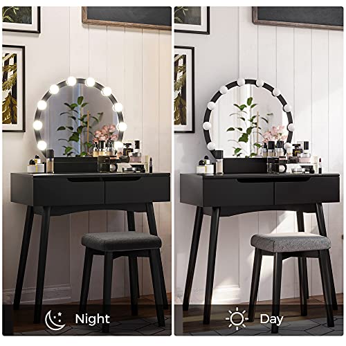 VASAGLE Vanity, Makeup Vanity Desk with Lights, Rounded Mirror, 2 Drawers, Vanity Set with Upholstered Stool, for Bathroom, Bedroom, Girls Vanity for Gift, Black URDT11BL