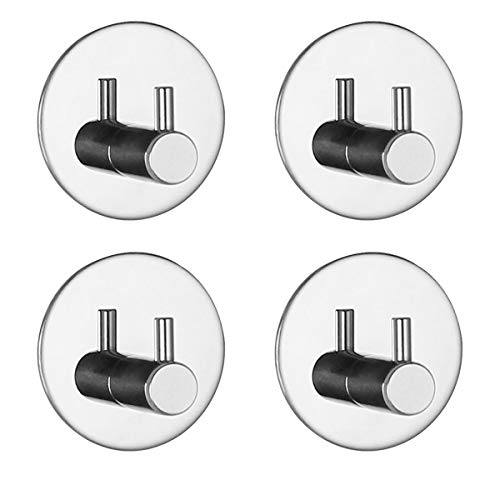 Self Stick Adhesive Hooks Wall Hanger Holder Stainless Steel Heavy Duty Utility Storage Hook, Shower Waterproof Hook, Kitchen Bathroom Organizer for Plug Robe Towel Loofah Bathrobe Coat (4-Pack)