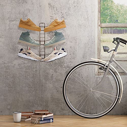 mDesign Modern Metal Shoe Organizer Display & Storage Shelf Rack - Adjustable Shelves Hang & Store Kicks, Running, Basketball, Trainers, Tennis Shoes - 3 Tier, Wall Mount - Holds 6 Shoes - Bronze