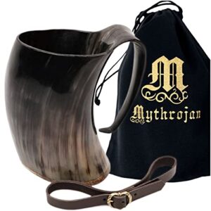 mythrojan viking horn mug tankard with leather strap safely holds hot and cold liquids coffee hot chocolate - wine beer mead