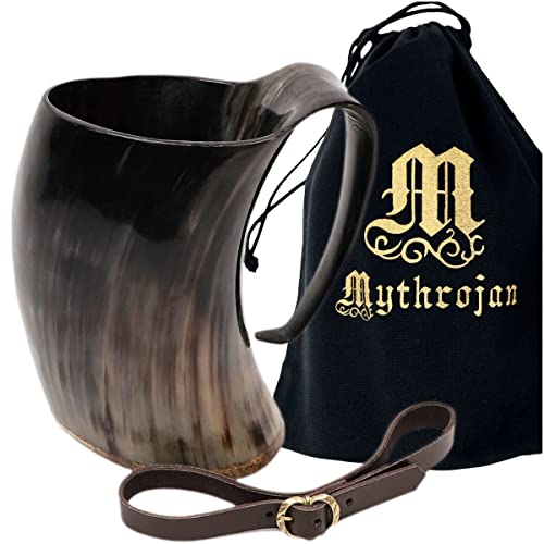 Mythrojan Viking Horn Mug Tankard with Leather Strap Safely Holds Hot and Cold Liquids Coffee Hot Chocolate - Wine Beer Mead