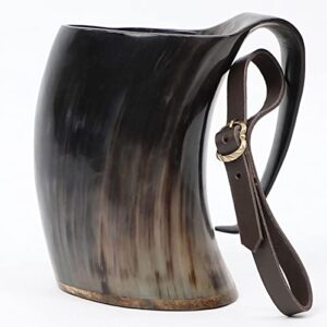 Mythrojan Viking Horn Mug Tankard with Leather Strap Safely Holds Hot and Cold Liquids Coffee Hot Chocolate - Wine Beer Mead