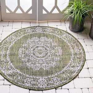 unique loom outdoor traditional collection area rug - timeworn (4' 1" round, green/ gray)
