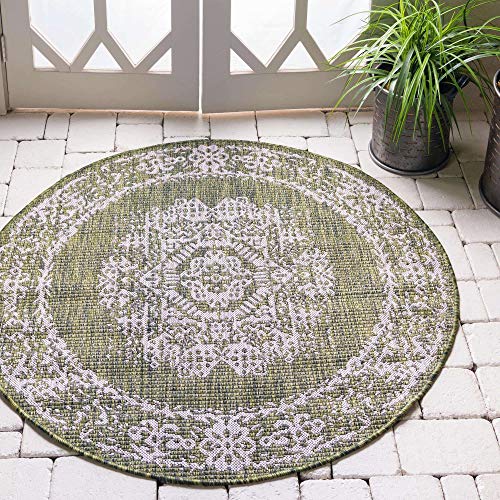 Unique Loom Outdoor Traditional Collection Area Rug - Timeworn (4' 1" Round, Green/ Gray)