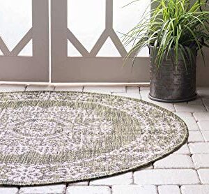 Unique Loom Outdoor Traditional Collection Area Rug - Timeworn (4' 1" Round, Green/ Gray)