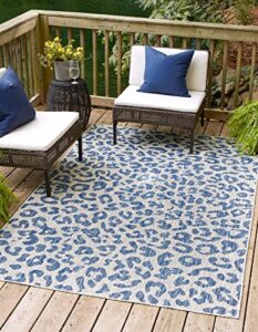 unique loom outdoor safari collection area rug - leopard (7' 1" x 10' rectangle, blue/ gray)