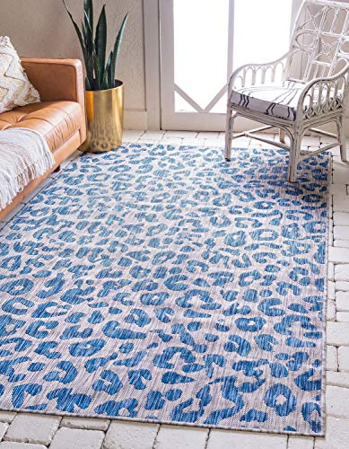 Unique Loom Outdoor Safari Collection Area Rug - Leopard (7' 1" x 10' Rectangle, Blue/ Gray)