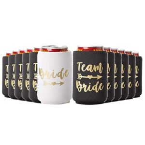 bride & team bride bachelorette party can coolers, set of 12 double sided white and mint green beer can coolies, perfect bachelorette party decorations and as brides maid gifts (black)